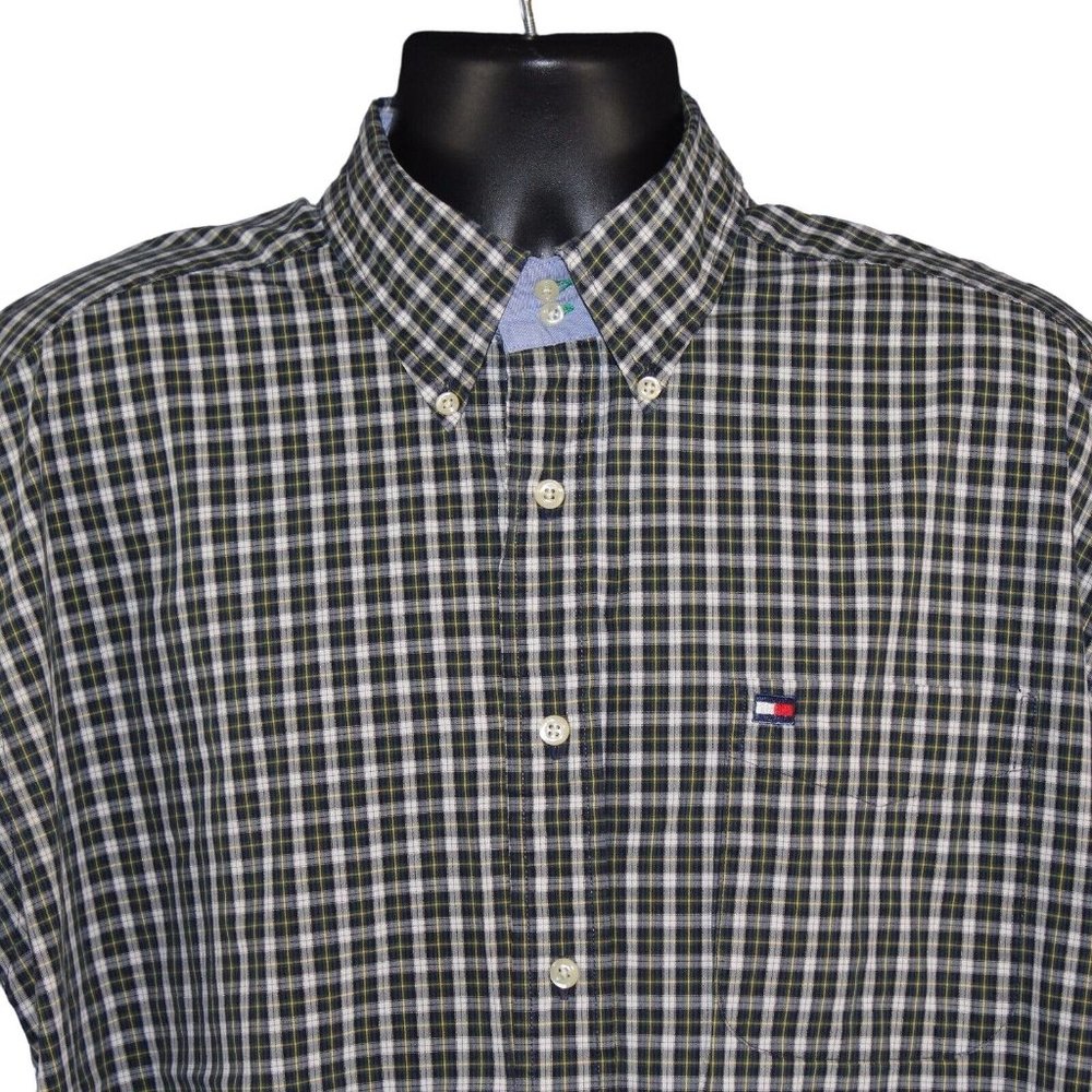 VTG Tommy Hilfiger XL 90's Big Flag Logo Green Yellow Check Oxford Dress Shirt - Picture 2 of 11